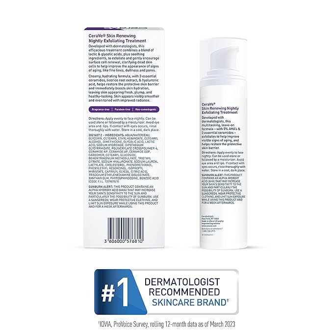 CeraVe Skin Renewing Nightly Exfoliating Treatment, Anti Aging Serum With 5% Blend Of Glycolic Acid & Lactic Acid, Wrinkles & Dark Spot Corrector For Face, Exfoliating Gel, 1.7 Oz