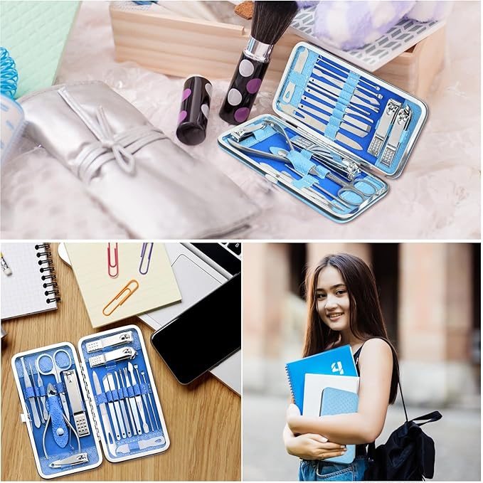 Manicure Set - 19 in 1 Professional Nail Clippers Pedicure Kit, Manicure Tool Kit, Stainless Steel Facial Grooming Set Kit, Gift Idea for Women, Men, Girls, Teens, Blue