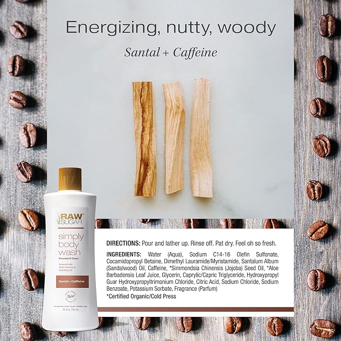 RAW SUGAR Simply Body Wash - Santal + Caffeine, Moisturizing & Soothing Bath & Shower Gel, Sulfate-Free, Paraben-Free & Vegan (25 Fl Oz, Pack of 1)