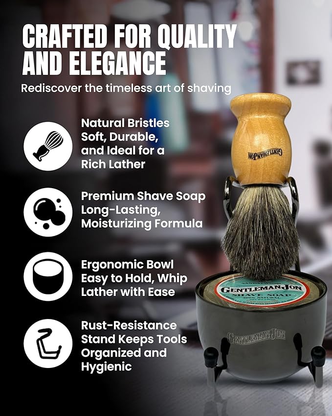 Gentleman Jon Complete Shaving Brush Kit – Old Fashion Shaving Kit for Men, Includes Shave Brush, Bowl, Soap & Stand, Vintage Wet Shave Mug, Barber-Style 4-Piece Gift Set, Men's Barber Accessories