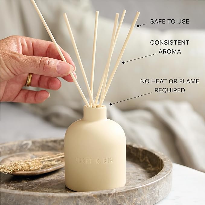 Craft & Kin Christmas Reed Diffuser for Home & Bathroom – Neroli & Jasmine Holiday Reed Diffuser Set with Fragrance Sticks, Long-Lasting Alcohol-Free Winter Scent, Earthenware Collection, 6.7oz