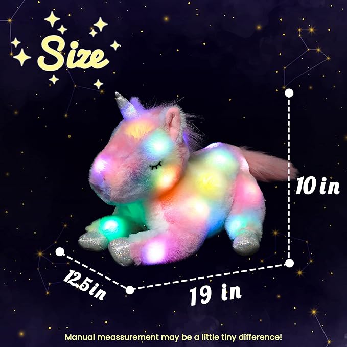 Hopearl LED Plush Unicorn Lighting Up Stuffed Mommy Unicorn with 3 Baby Unicorns in her Tummy Stuffed Animal Playset Night Lights Glow in The Dark for Mom Toddler Girls, Rainbow, 19''