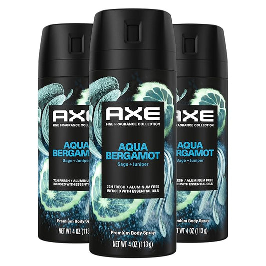 AXE Fine Fragrance Collection Premium Deodorant Body Spray for Men Aqua Bergamot 3 Count with 72H Odor Protection and Freshness Infused with Aqua, Bergamot, and Sage Essential Oils 4 oz