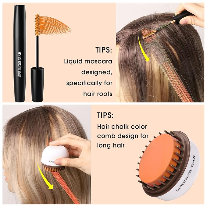 Orange Temporary Hair Chalk Color Comb + Washable Hair Mascara Dye for Girls Kids, Makeup Vibrant Dye Hair Colors for Halloween, Cosplay, Sporting Events, DIY Hair Parties Christmas