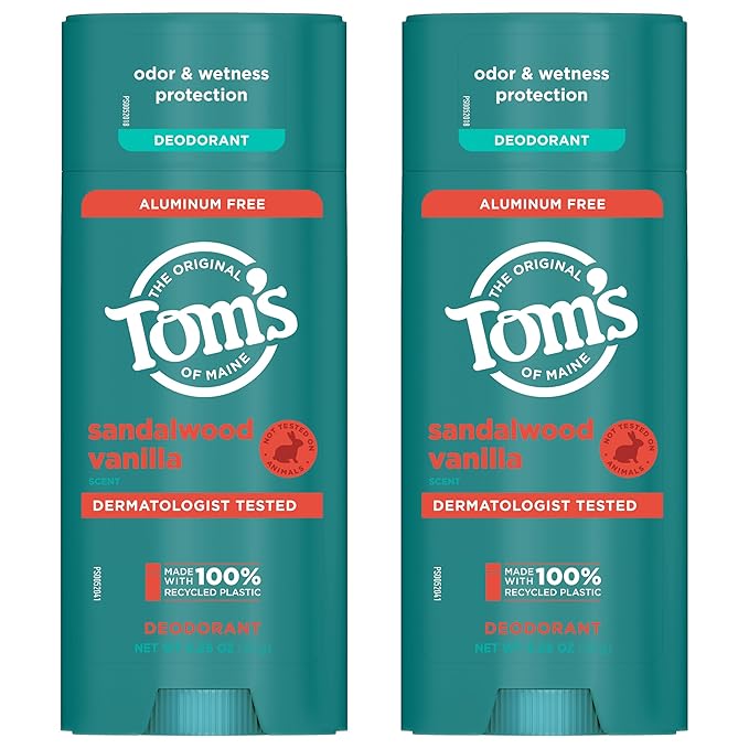 Tom’s of Maine Sandalwood Vanilla Aluminum Free Natural Deodorant For Women & Men | Goes on Clear | Odor & Wetness Protection | Naturally Derived and Moisture-Locking Ingredients | 3.25 oz (2 Pack)