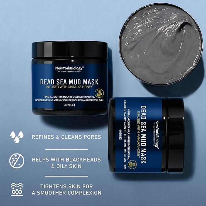 New York Biology Dead Sea Mud Mask for Face and Body | with Manuka Honey | Spa Quality Pore Refiner for Oily Skin | Natural Skincare for Women & Men | Tighten Skin for A Healthier Complexion | 4 oz