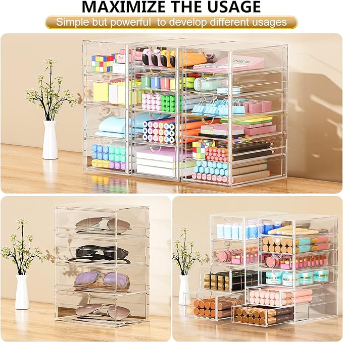 Acrylic 3 Pack Desk Organizers and Accessories, Makeup Organizer Storage With 15 Drawers, Desk Organizers, Dustproof Drawer Organizer and Storage for Make Up, Jewelry, DIY Pen