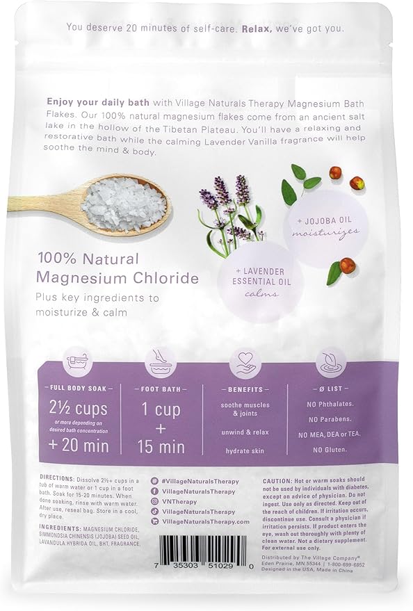 Village Naturals Therapy Calm Magnesium Bath Flakes, Lavender Vanilla Scent, 2.5 lbs