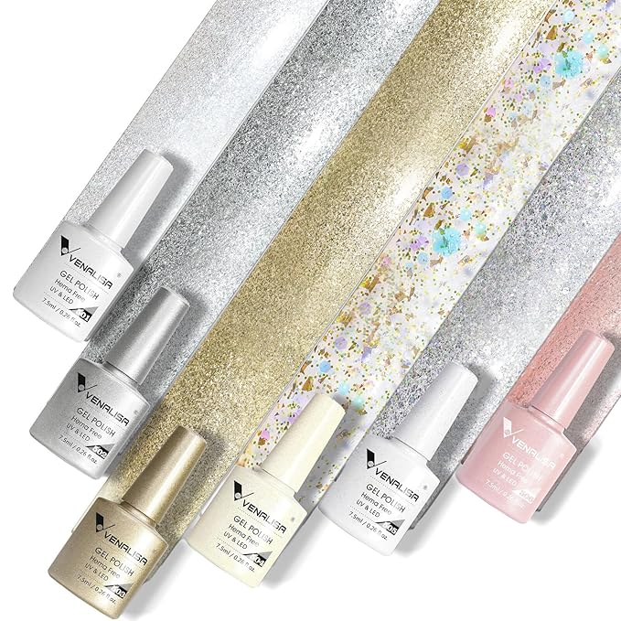 VENALISA Glitter Gel Nail Polish Set, 6 Colors Chrome Platinum Glitter, Sparkly Silver Gold UV Gel Soak Off For Nail Salon DIY Home Manicure