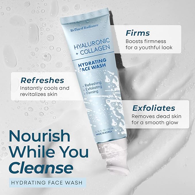 Hyaluronic Acid & Collagen Face Wash – Dermatologist Tested, Anti-Aging, Korean Skin Care, Hydrates Firms Soothes – Clean, Vegan, Gentle Facial Cleanser for Dry Sensitive Skin, 200 ML