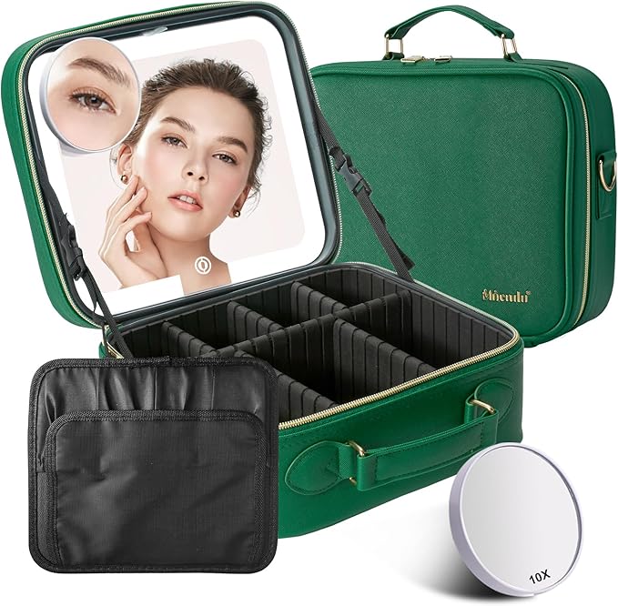 Mocado Travel Makeup Bag with LED Lighted Mirror,Travel Makeup Organizer,Makeup Case with 3 Color Lighted Setting and 10x Magnifying Mirror,Portable Storage and Adjustable Dividers Makeup Box(Green)