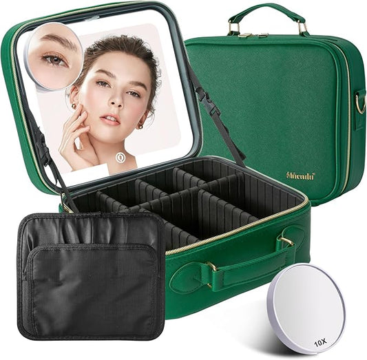 Mocado Travel Makeup Bag with LED Lighted Mirror,Travel Makeup Organizer,Makeup Case with 3 Color Lighted Setting and 10x Magnifying Mirror,Portable Storage and Adjustable Dividers Makeup Box(Green)