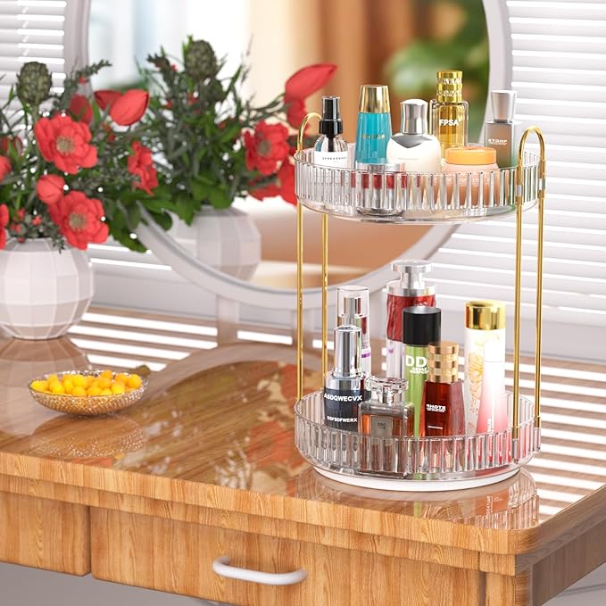 GTI 360°Rotating Makeup Organizer, 2 Tier Bathroom Counter Organizer,Large Capacity Perfume Cosmetics Skincare Vanity Organizers, Dresser Spinning Countertop Organizer and Storage for Women (Clear)