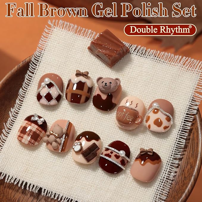Double Rhythm 6 Pcs 15 ML Gel Polish Set Same Color Same Bottle Soak Off Gel Polish Kit Nail Art Manicure Salon DIY at Home for Women (Burgundy Cherry Brown Coffee -T6-69)