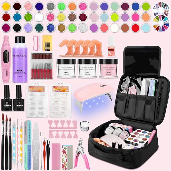 42 Colors Acrylic Nails Kits with Drill and UV Light- Acrylic Nail Powder Glitter and Monomer Liquid Kit with Nail Storage Bag, 5PCS Practice Finger