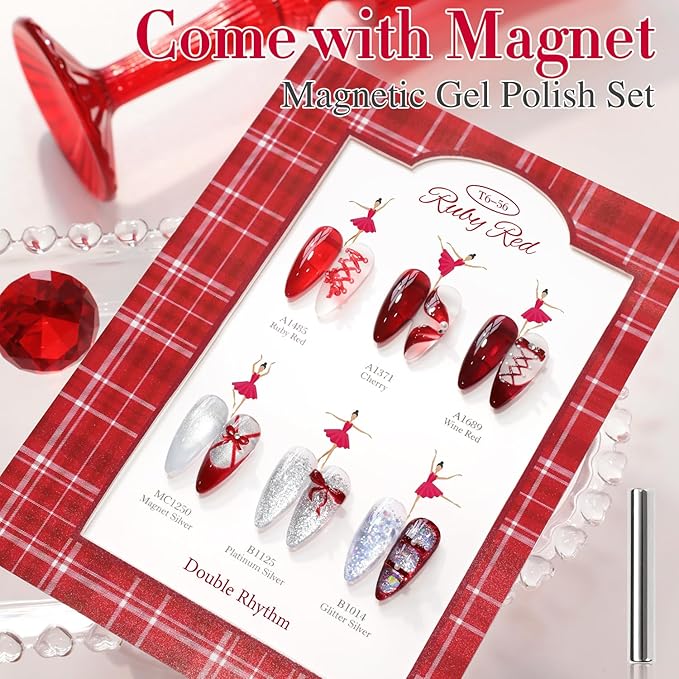 Double Rhythm 6 Pcs 15 ML Gel Polish Set Same Color Same Bottle Soak Off Gel Polish Kit Nail Art Manicure Salon DIY at Home for Women (Jelly Burgundy Red Glitter Silver -T6-56)