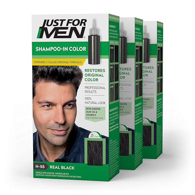 Just For Men Shampoo In Color, Hair Color for Men with Keratin and Vitamin E for Stronger Hair, Restores Natural Hair Color, Real Black, H-55, Pack of 3
