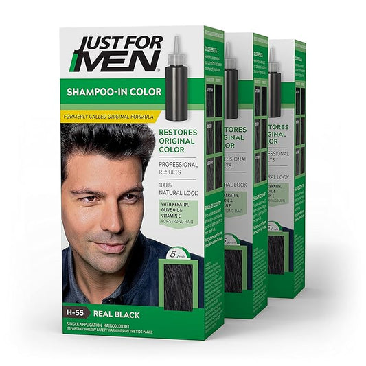 Just For Men Shampoo In Color, Hair Color for Men with Keratin and Vitamin E for Stronger Hair, Restores Natural Hair Color, Real Black, H-55, Pack of 3