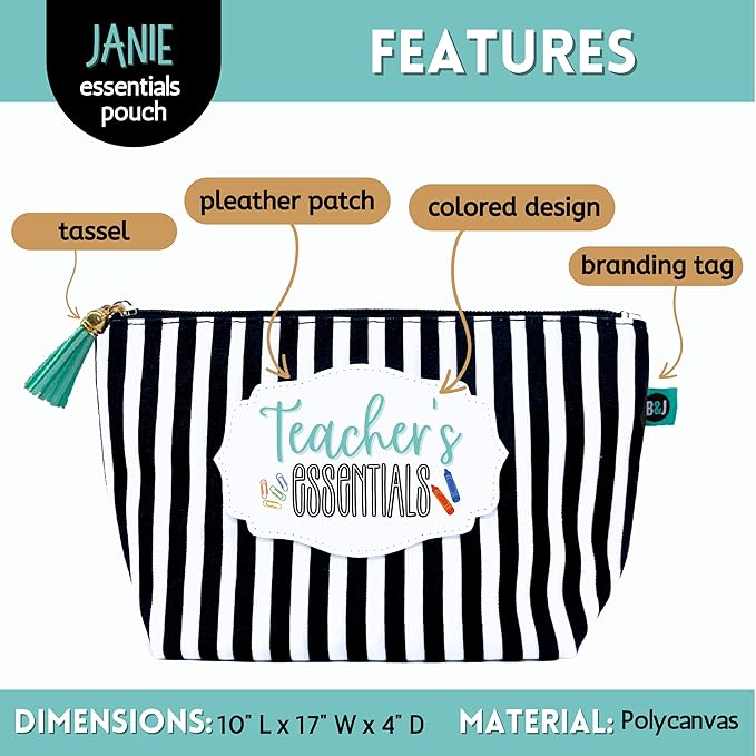 Brooke & Jess Designs Teacher Essentials Pouch Gifts for Women Striped Makeup Bags Cosmetic Bag Travel Toiletry Makeup Pouch Pencil Bag with Zipper Best Just Because Gifts