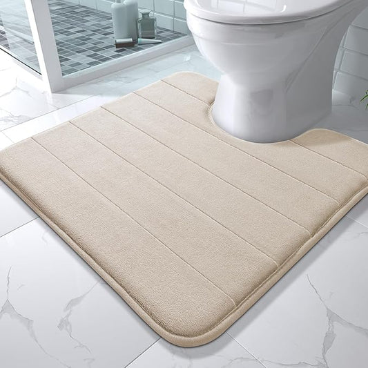 Yimobra Memory Foam Toilet Bath Mat U-Shaped, Soft and Comfortable, Super Water Absorption, Non-Slip, Thick, Machine Wash and Easier to Dry for Bathroom Commode Contour Rug, 24 X 24 Inches, Beige