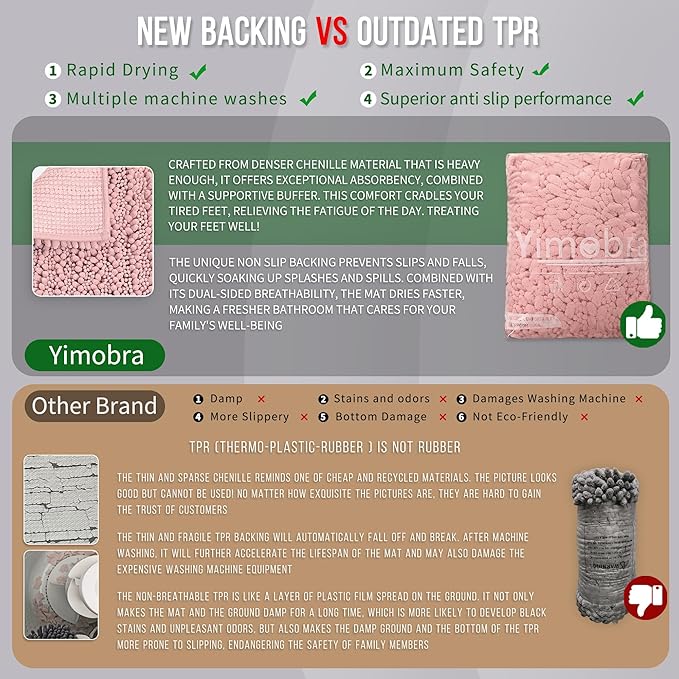 Yimobra Long Bathroom Rugs Non Slip Washable 44x24 Inch - Ultra Soft Absorbent Chenille Bath Mat, Quick Dry Shaggy Floor Carpet for Tub Shower, Light Pink Home Decor Accessories