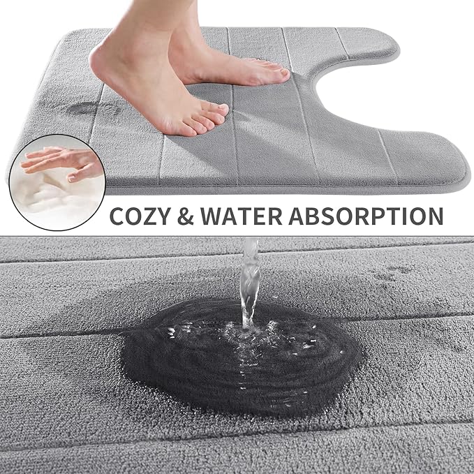 Yimobra Memory Foam Toilet Bath Mat U-Shaped, Commode Contour Rug, Soft and Comfortable, Super Water Absorption, Non-Slip, Thick, Machine Wash and Easier to Dry for Bathroom, 24 X 20 Inches, Grey