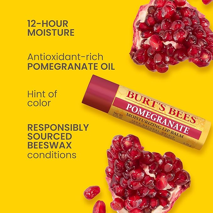Burt's Bees Lip Balm - Pomegranate, Lip Moisturizer With Responsibly Sourced Beeswax, Tint-Free, Natural Origin Conditioning Treatment, 4 Tubes, 0.15 oz.