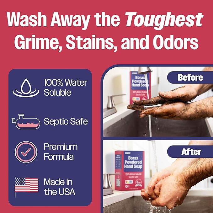 Borax Powdered Hand Soap – Heavy-Duty Cleaning, 100% Water Soluble, Septic Safe, Cuts Grease, Oil & Dirt (5 lbs)
