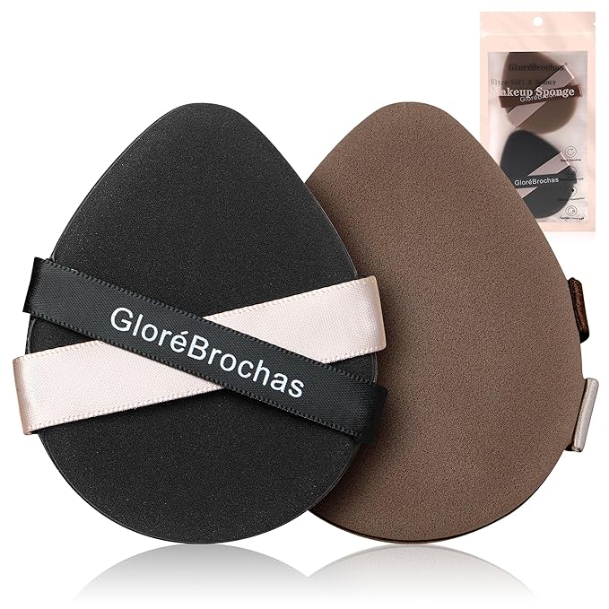 Makeup Sponge Set, GloréBrochas 2PCS Micro Porous Low Absorption Foundation Sponges, Latex-Free PU Cushion Puff, 3.2inches Soft Dual-Sided Powder Puff for Face Powder, Black&Brown