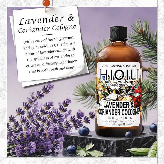 HIQILI Lavender & Coriander Cologne Fragrance Oil for Diffuser, Candle & Soap & Perfume Making, for Hotel and Home, Essential Oil, Long-Lasting Aroma - 5.07fl oz