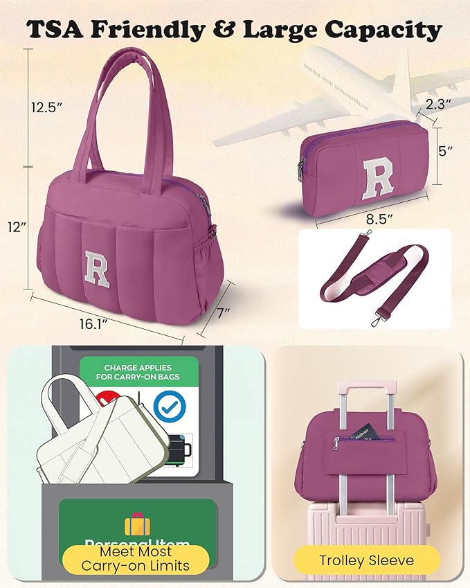 Christmas Gifts for Teens-Duffle Bag with Initial, Spend The Night Bags for Women，Overnight Bag with Wet Pocket，Gift Set for Women- Travel Bags Personalized Gym Tote with Makeup Pouch