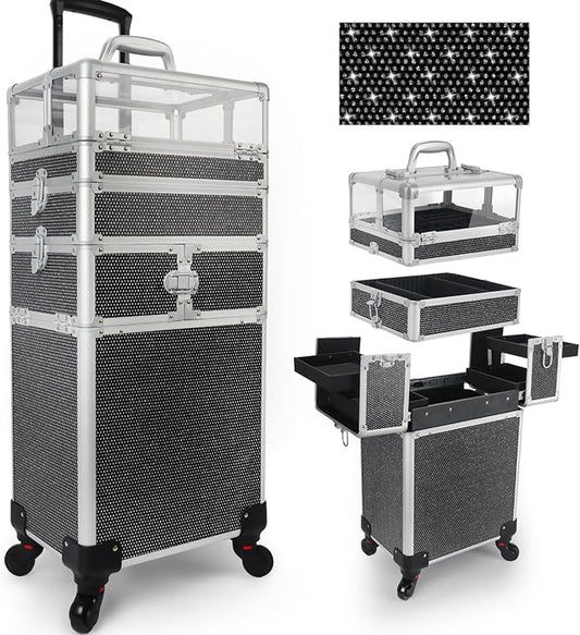 4 in 1 Rolling Makeup Train Case Professional Cosmetic Trolley Cart Travel Nail Cart Organizer with Wheels Transparent Acrylic Panel for Makeup Hair Stylists Nail Tech (Black Crystal)