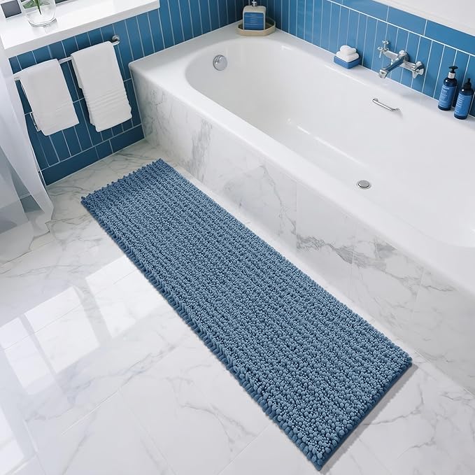 Yimobra Bathroom Runner Rug 60x24 Inch - Extra Long Non Slip Chenille Bath Mat, Soft & Absorbent, Machine Washable Shaggy Hallway Carpet for Vanity Tub Shower, Denim Blue Home Decor Accessories