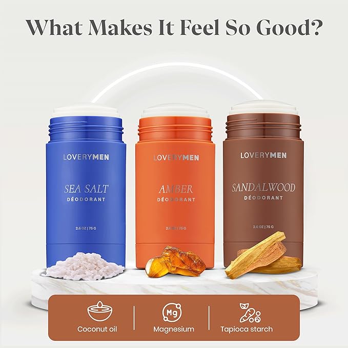 Aluminum-Free Deodorant for Men – 3-Pack Long-Lasting Clean Deodorant Set – Sandalwood, Amber & Sea Salt Scents – Odor Protection with Essential Oils – No Baking Soda, Paraben-Free