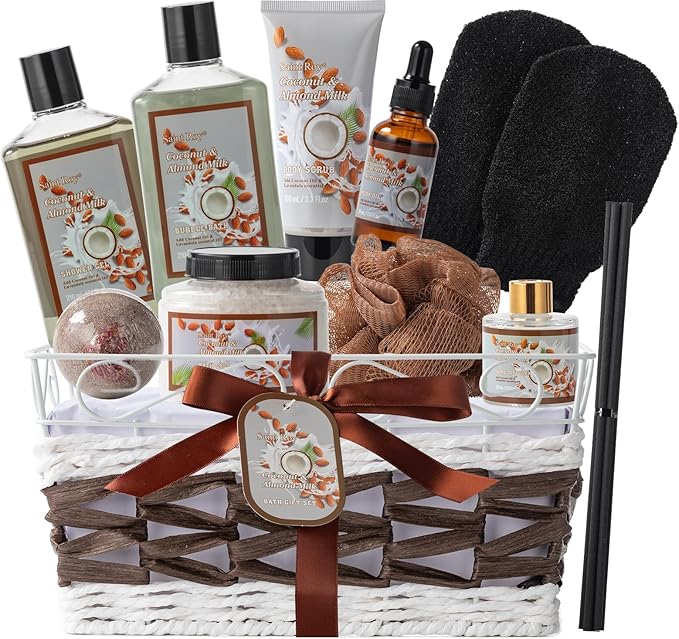 Coconut Almond spa kit, Bath and Body Gift Basket Christmas Gifts for Women & Men Spa Gift Basket,16 Pcs Bath Gift Set With Fragrant Lotion, Home Spa Luxurious Bath Body Oil, Diffuser & More