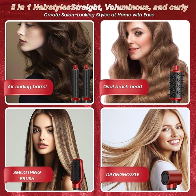 5 in 1 Air Styler Set & Hair Dryer Brush, Low-Speed Negative Ionic Hair Styler Drying, Multi Hair Styler, Professional Blow Dryer Brush for Curling Volumizing Straightening Styling (Red/Black)