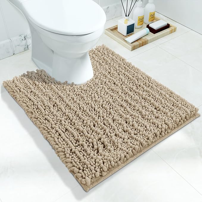 Yimobra Toilet Rug U Shaped Washable 24x20 Inch - Ultra Soft Absorbent Chenille Bath Rugs for Toilet, Quick Dry & Machine Washable, Non Slip Contour Bathroom Mat, Camel