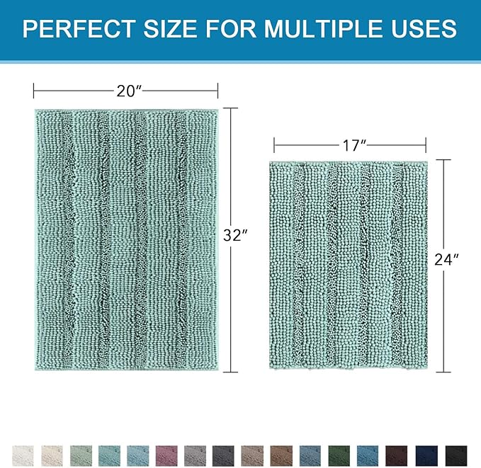 H.VERSAILTEX Bathroom Rugs Non Slip Thick Shaggy Chenille Bathroom Rug Mat Set Extra Soft and Absorbent Striped Floor Rugs, 2 Piece, Machine-Washable, Eggshell Blue