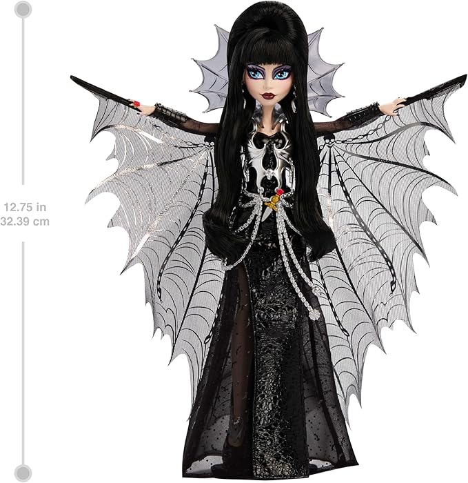 Monster High Doll, Elvira, Mistress of The Dark Collectible in Black Faux Leather Dress with Silvery Batwing Cape and Premium Accessories (Amazon Exclusive)