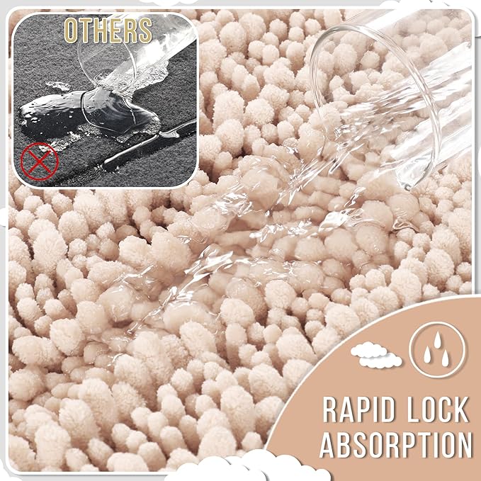 Yimobra Bathroom Rugs Non Slip Washable - Ultra Soft Absorbent Chenille Bath Mat, Quick Dry Shaggy Floor Carpet for Tub Shower, Pinkish Beige Home Decor Accessories, 24x17 Inch