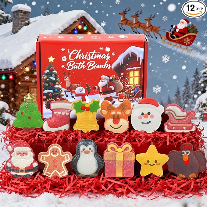 Christmas Bath Bombs for Kids & Women, Handmade Bath Bomb Gift Set of 12 Festive Shapes, Perfect Stocking Stuffers for Teen Girls & Boys, Skin Care Bathbombs as Christmas Gifts for Kids