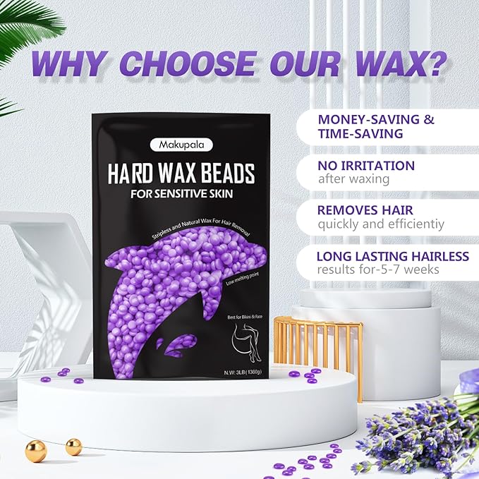 3 lb Hard Wax Beads, Brazilian Hair Removal Waxing Bead Refill Bulk for Waxing Studio & Home Use Stripless Wax Bean for Face Bikini Body Face Sensitive Skin with 5 Applicators Lavender