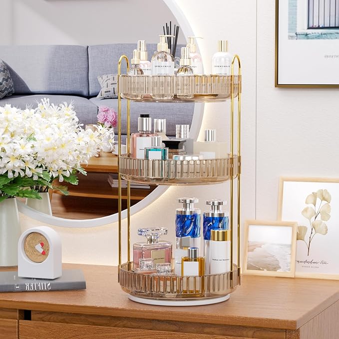 GTI 360°Rotating Makeup Organizer, 3 Tier Large Capacity Perfume Cosmetics Skincare Vanity Organizers,Bathroom Counter Organizer, Dresser Spinning Countertop Organizer and Storage for Women (Gold)