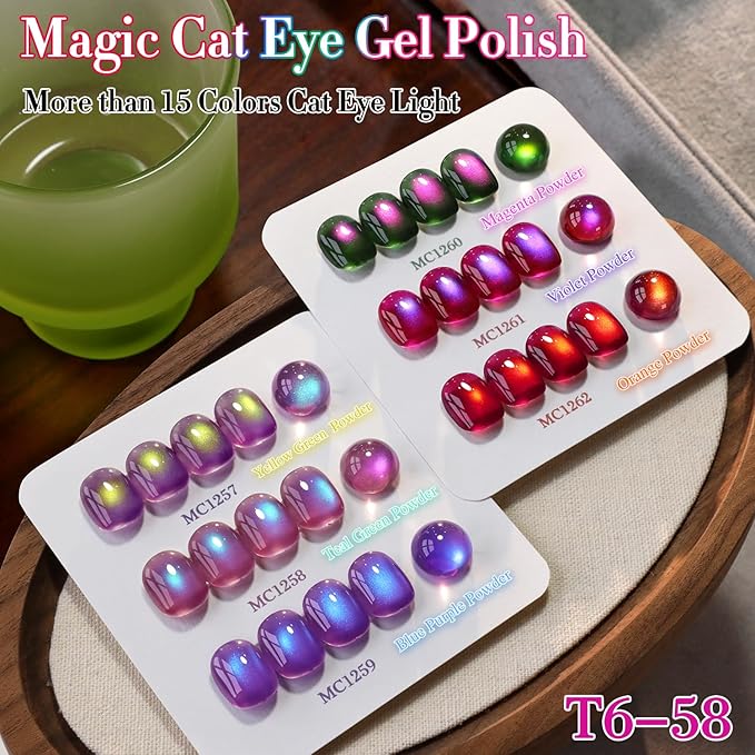Double Rhythm Cat Eye Gel Nail Polish Set of 6 Same Color Same Bottle 0.5 Oz Shimmer Glitter with Magnet Holographic Reflective Magnetic UV Nail Polish Kit at Home (Aurora Galaxy Burgundy-T6-58)