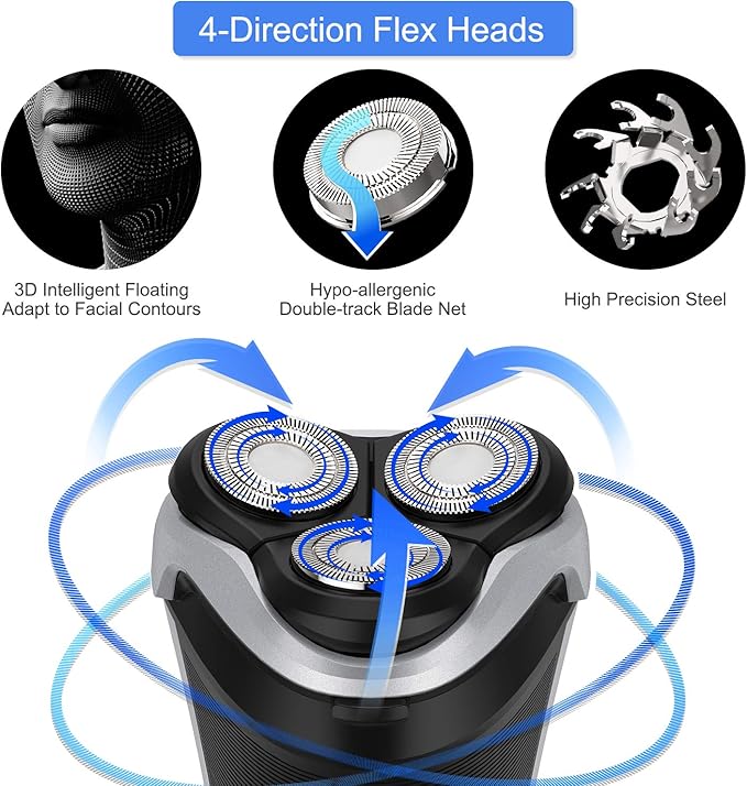 Men's Electric Shaver - MAX-T Corded and Cordless Rechargeable 3D Rotary Shaver Razor for Men with Pop-up Sideburn Trimmer Wet and Dry, IPX7 Waterproof, Plug & Play