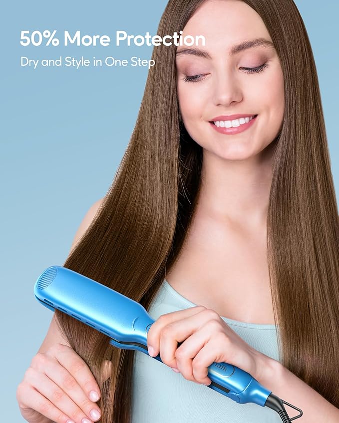 Wavytalk Hair Straightener, 1.7 Inch Wide Vent Sesh Titanium Wet to Dry Flat Iron, Straightener for Damp or Dry Hair (Blue)