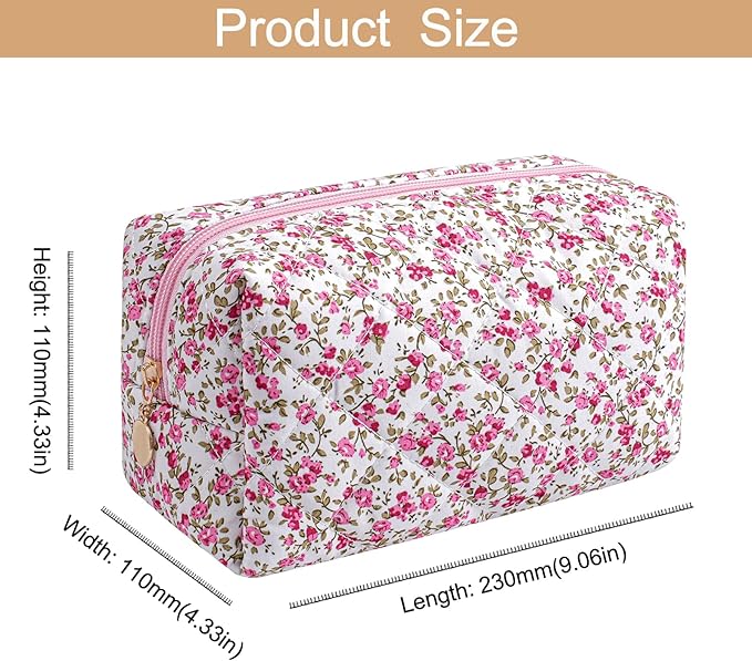 Makeup Bag Travel Cosmetic Bag for Women Girls, Zipper Make Up Pouch, Floral Flowers Toiletry Organizer Makeup, Portable Storage Cosmetic Travel Cloth Bag (Pink Bow Tie+Flower-Red)