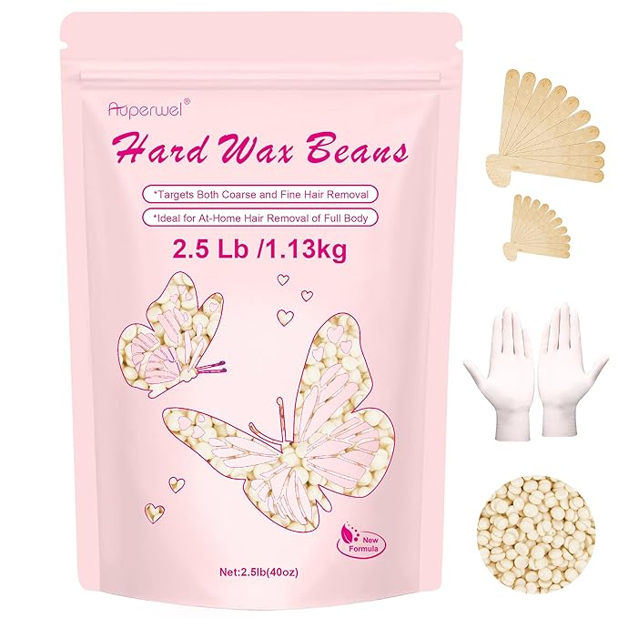 Wax Beads Professional Waxing for Hair Removal | 2.5lb/1.13kg Hard Wax Beads for Brazilian, Bikini, Face & Body | Painless Refill Hard Wax for Sensitive Skin with 20 Sticks