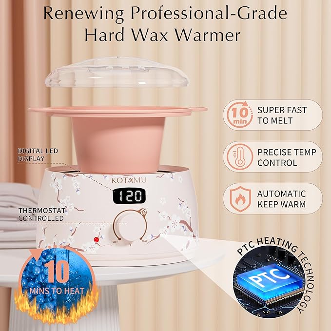 KOTAMU Waxing Kit for Women & Men, Wax Warmer for Hair Removal, Digital Wax Kit with Silicone Pot，Ideal for Face Eyebrow Arm Legs Armpit &Sensitive Skin, Waxing Machine for Home Salon Use- Cherry