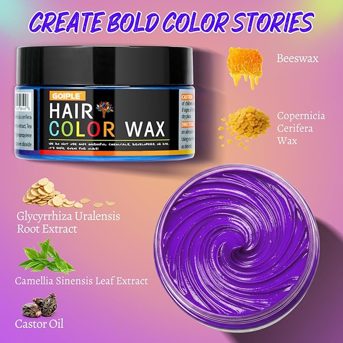 6 Colors Temporary Hair Color Wax for Christmas Party-Green Purple Orange Pink Red Blue Washable Dye for Kids, Men&Women | Stocking Stuffers | Non-Sticky Hair Dye Wax for Cosplay Party&Daily Fun(4 oz)